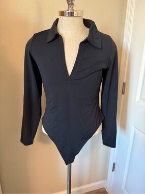 Babaton Black Long-Sleeve Collared Bodysuit